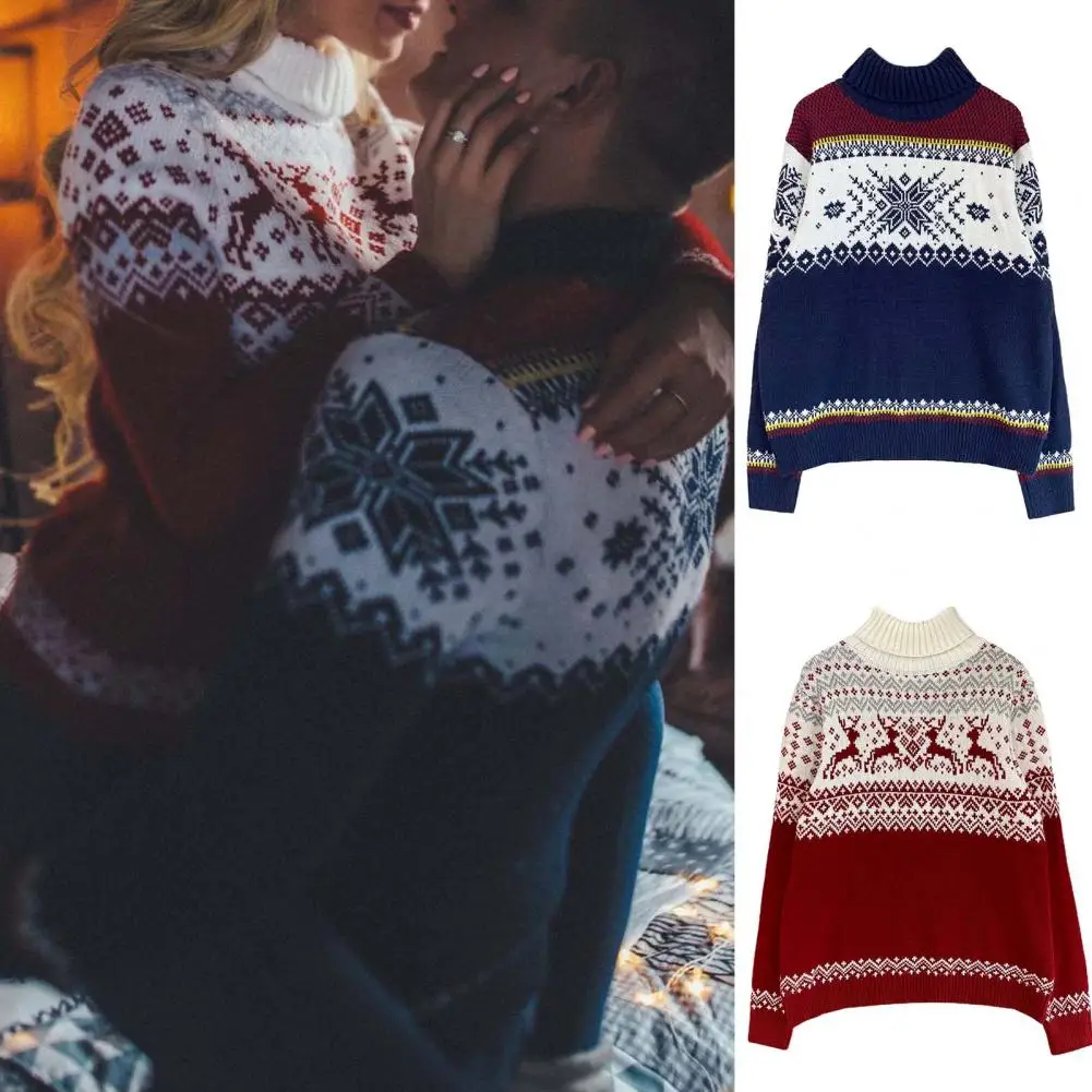 

Long Sleeve Knitted Christmas Sweater Soft Fabric Christmas Elk Print Turtleneck Couple Sweater Loose Fit Xmas Sweater