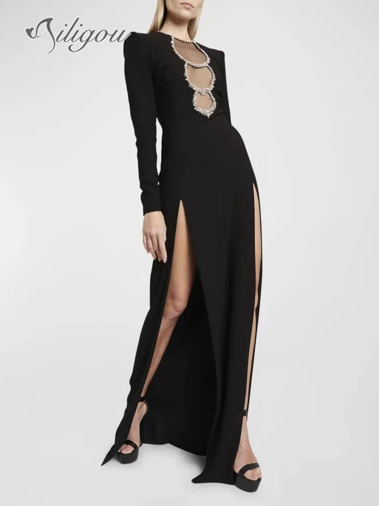 Новинка 2024 женское черное сексуальное роскошное вечернее платье Ailigou длинное