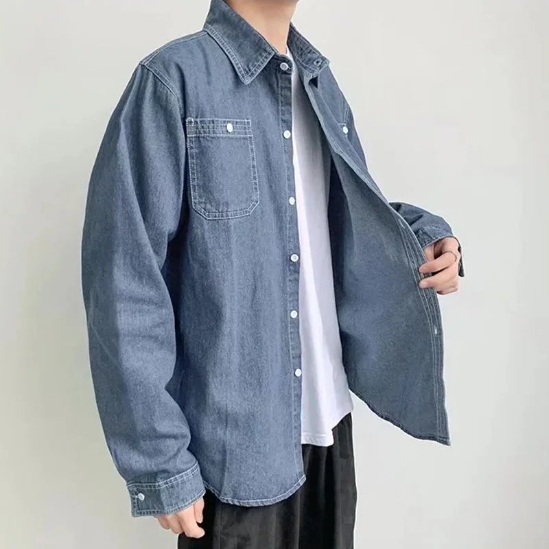 Denim Shirt Cardigan Coat For Men Korean Kpop Jacket Grunge Clothes Punk Oversized Japanese Streetwear Unisex Casual Clothing