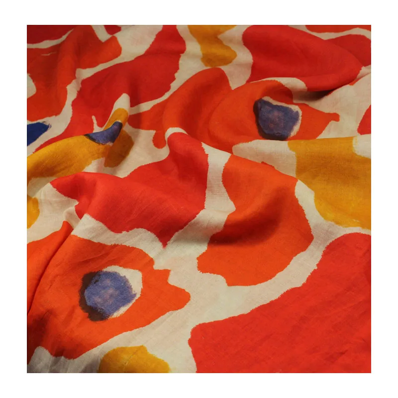 High-End Linen Printed Fabric Summer Ruffles Design Gown Dress Clothing Fabric