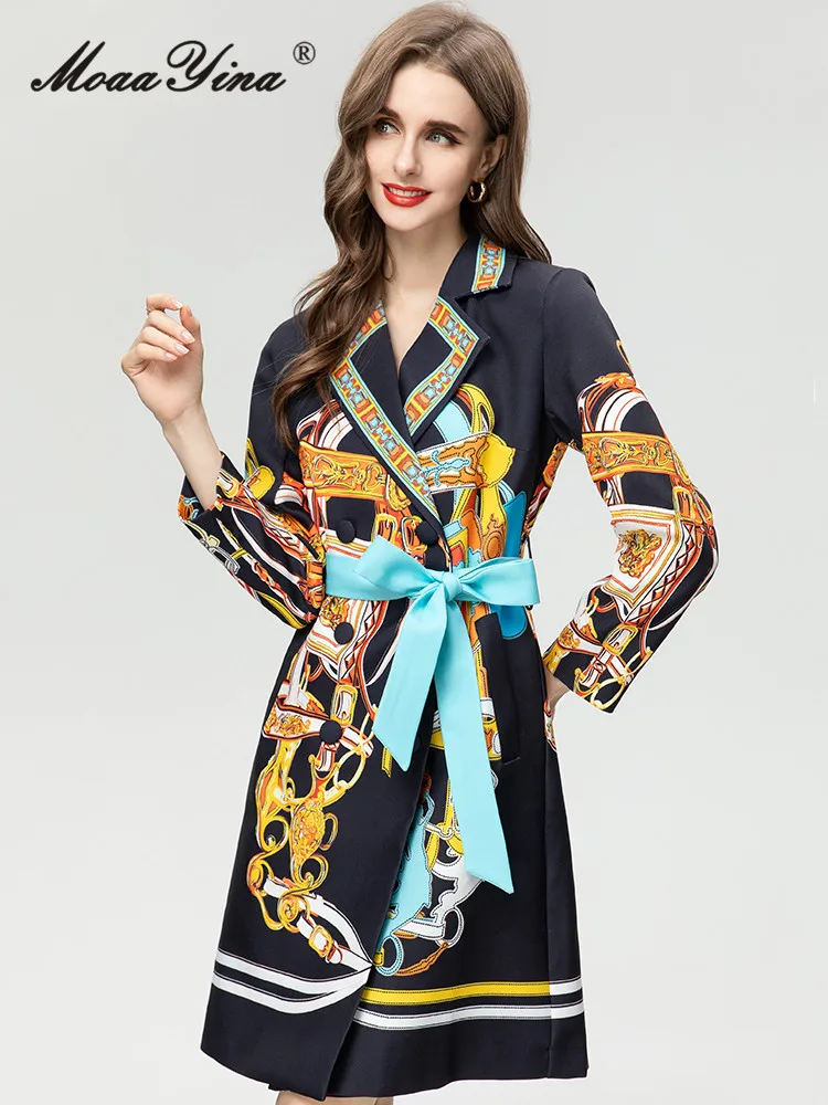MoaaYina Осенний модный дизайнерский винтажный Тренч с принтом Женский отворотом