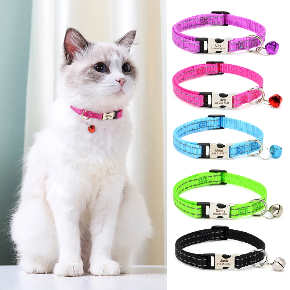

Customized Nylon Cat Collar Free Engraved Small Dog Collars Reflective Kitten Puppy Necklace For Cats Chihuahua Pets Accessories