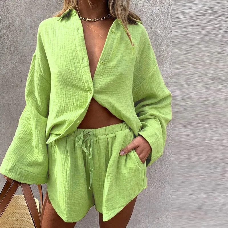 

Pajama Sets Women Casual Tracksuit Shorts Set Summer Long Sleeve Shirt Tops And Mini Drawstring Shorts Suit Sleepwear Two Piece