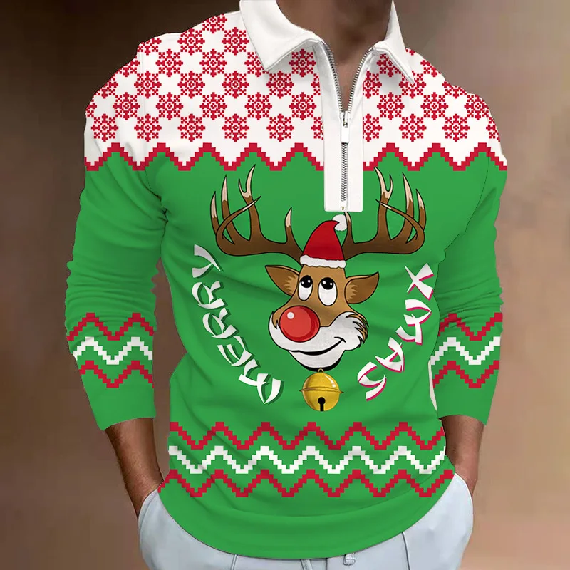 

Christmas Men's Casual Autumn Long Sleeve Polo Shirts Men Male Zip Tee Shirt Men Tops Street Golf Clothing Clothes For Men 2022