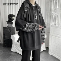 vintage hoodie women streetwear oversized sweatshirt punk long sleeve pullovers korean 2021 grunge plaid splice hoody