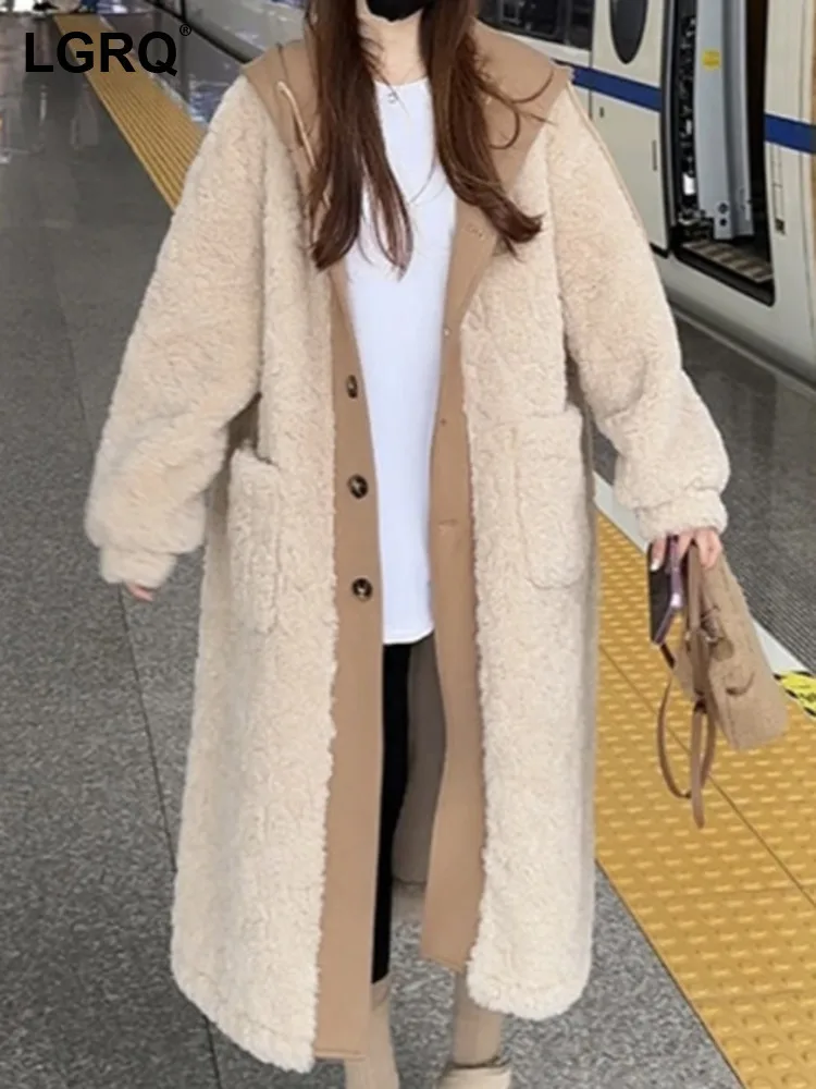LGRQ женское пальто с капюшоном из овечьей шерсти зимняя мода 2024 теплая женская