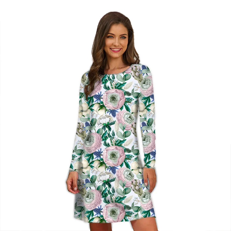 

Новинка 2022, женское осеннее платье с длинным рукавом и цветочным принтом, повседневное свободное модное базовое мини-платье