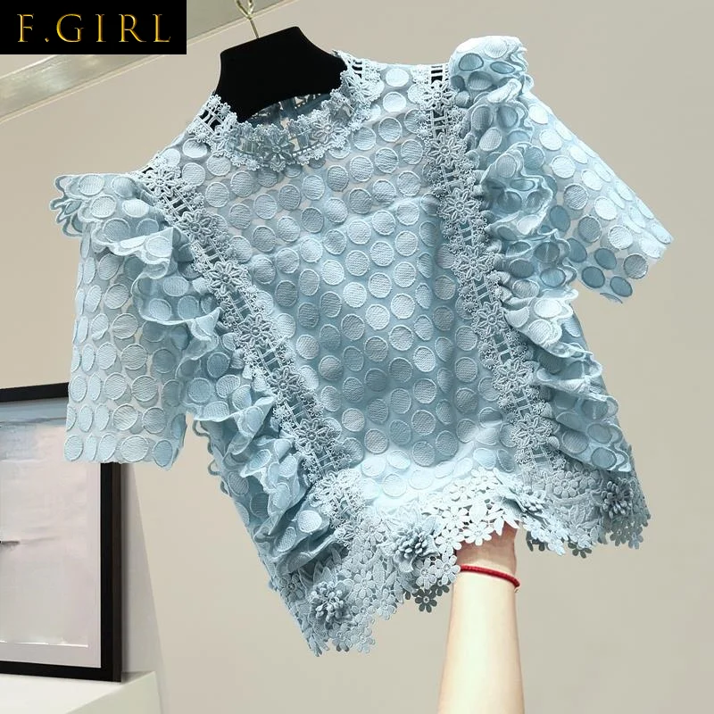 F GIRLS Hook Flower Lace Ruffles Blouse Women Korean Chic Stand Collar Short Sleeve Lady Shirts Tops Casual Female Blusas enlarge