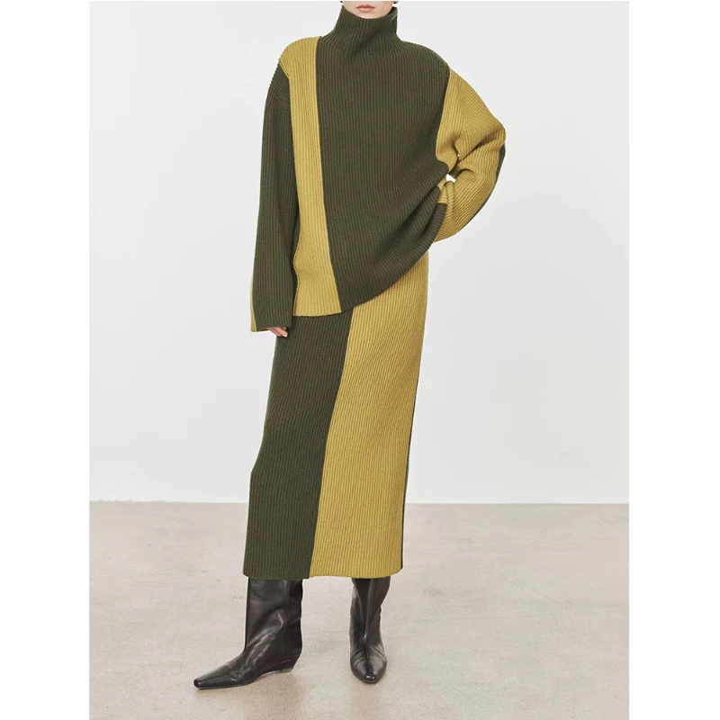 

Autumn/Winter Color Blocking Thickened Warm High Collar Loose Sweater Knitted Pullover and Skirt Elegant Women Two-piece Sets