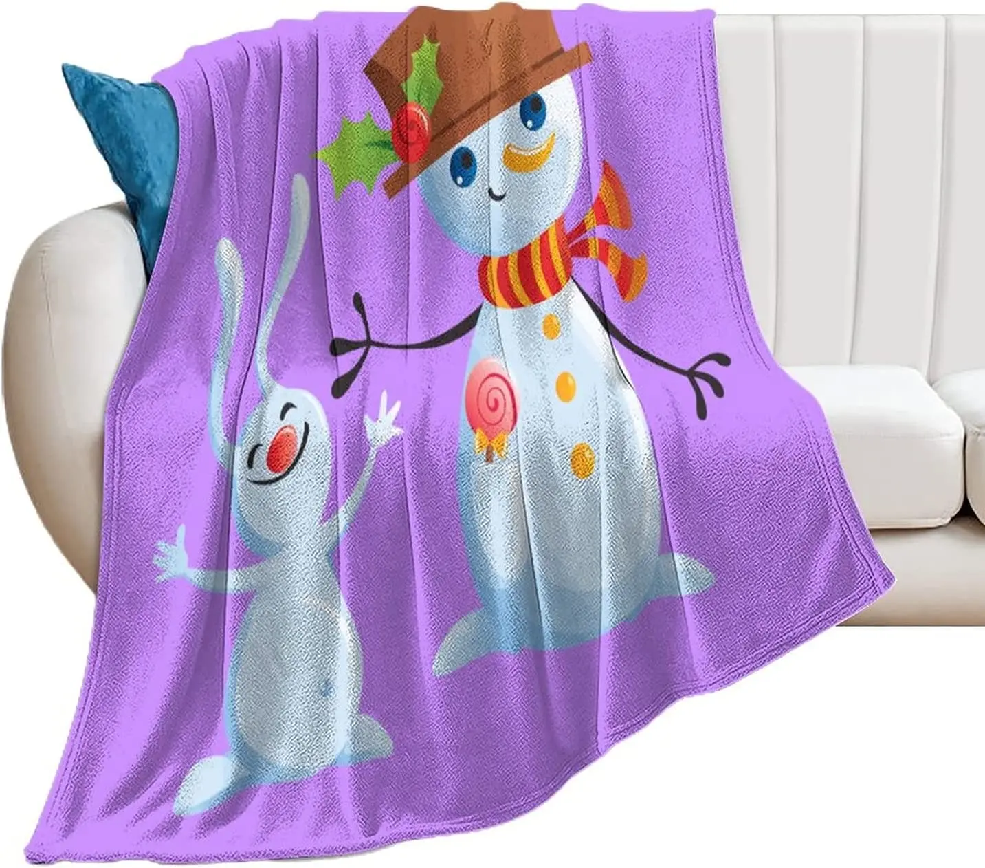 

Cute Anti Pilling Flannel Soft Blanket Art Design Snowman Cute Comic Cartoon Bunny Throws for Pet Dogs Cats Horse Animals