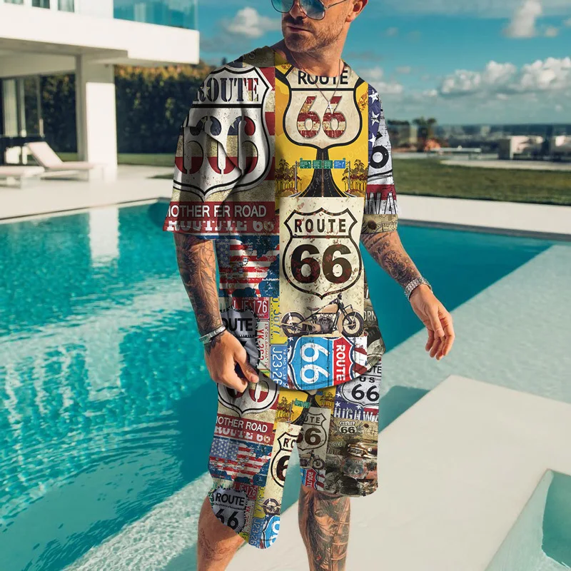 Route 66 USA Printed Men Suit Fashion T-shirt + Shorts 2-piece Set Loose Beach Casual Men Suit Summer Sports Clothing Oversized