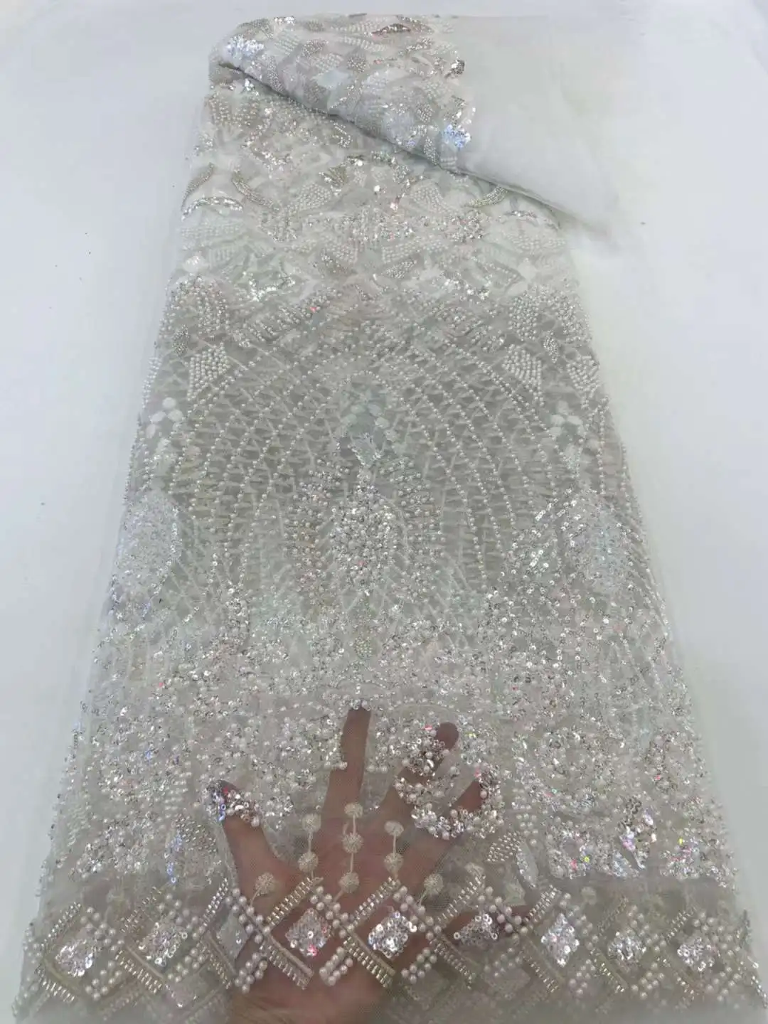 

Luxury Sequence Beads Lace Fabric 5 Yards High Quality Sequin Groom Embroidery African Lace Nigerian Wedding Sewing Material