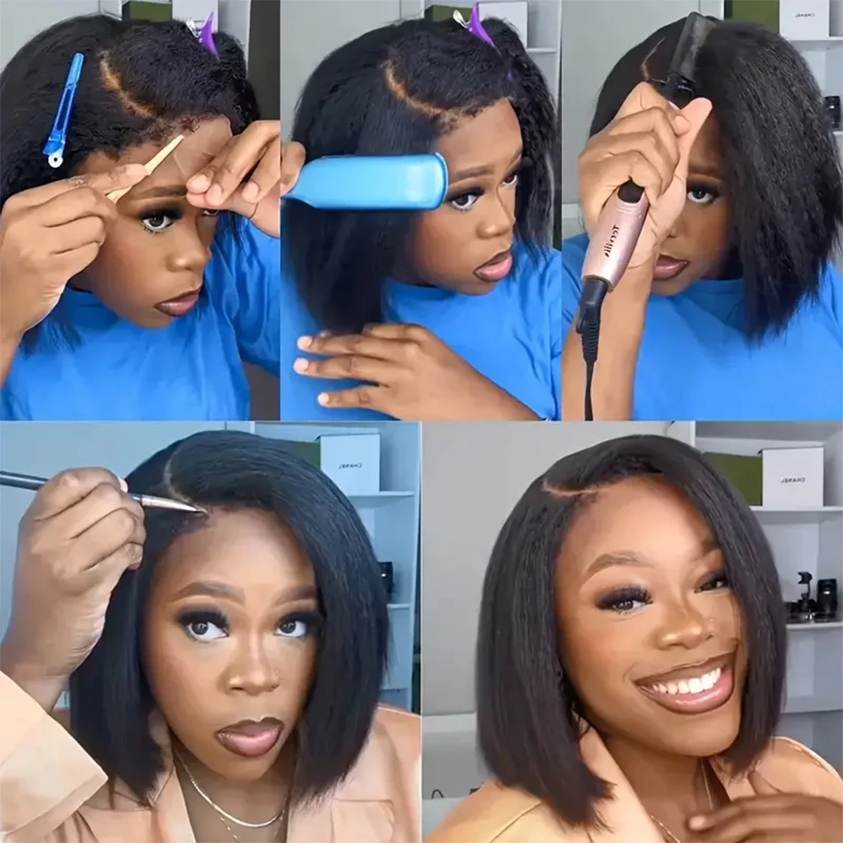 Короткие прямые парики Yaki бразильские волосы Remy 4x4 прозрачные кружевные