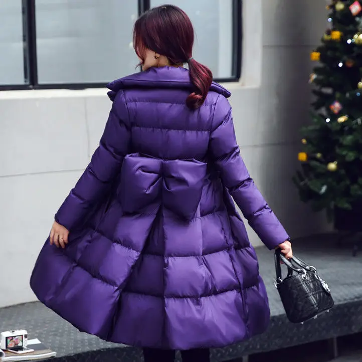 2023 Winter Parkas Women Cotton Jacket Fashion A-line Down Cotton Jackets Thick Warm Long Slim Female Bow Big Swing Cotton Coats