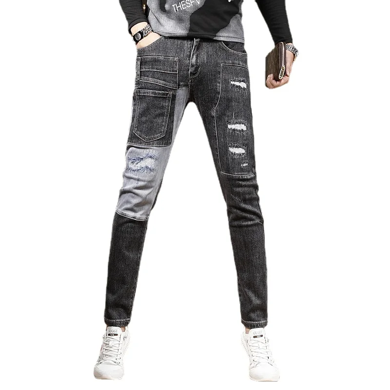 Autumn Black Ripped Jeans Men Streetwear Slim Fit Pencil Pants Fashion Casual Patchwork Stretch Denim Trousers