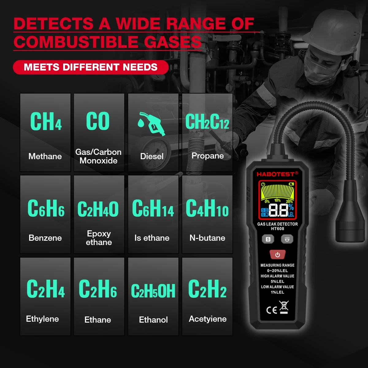 Фото HABOTEST HT608 Детектор утечки природного газа Звуковая и экранная сигнализация Детектор утечки горючего метана Обнаружение местоположения №1