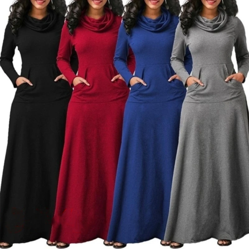 

Women Warm Dress with Pocket Casual Solid Vintage Autumn Winter Maxi Dress Robe Bow Neck Long Elegant Dress High Quality