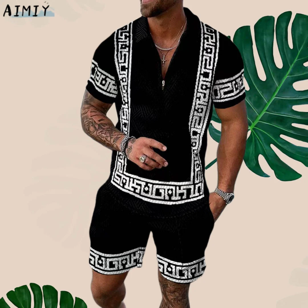 Men Summer Polo Shirt Set 2 Pieces Hawaii Tracksuit Casual Busi/'hhtness Suit Fashion Trun Down Collar Zipper Clothing Vintage O