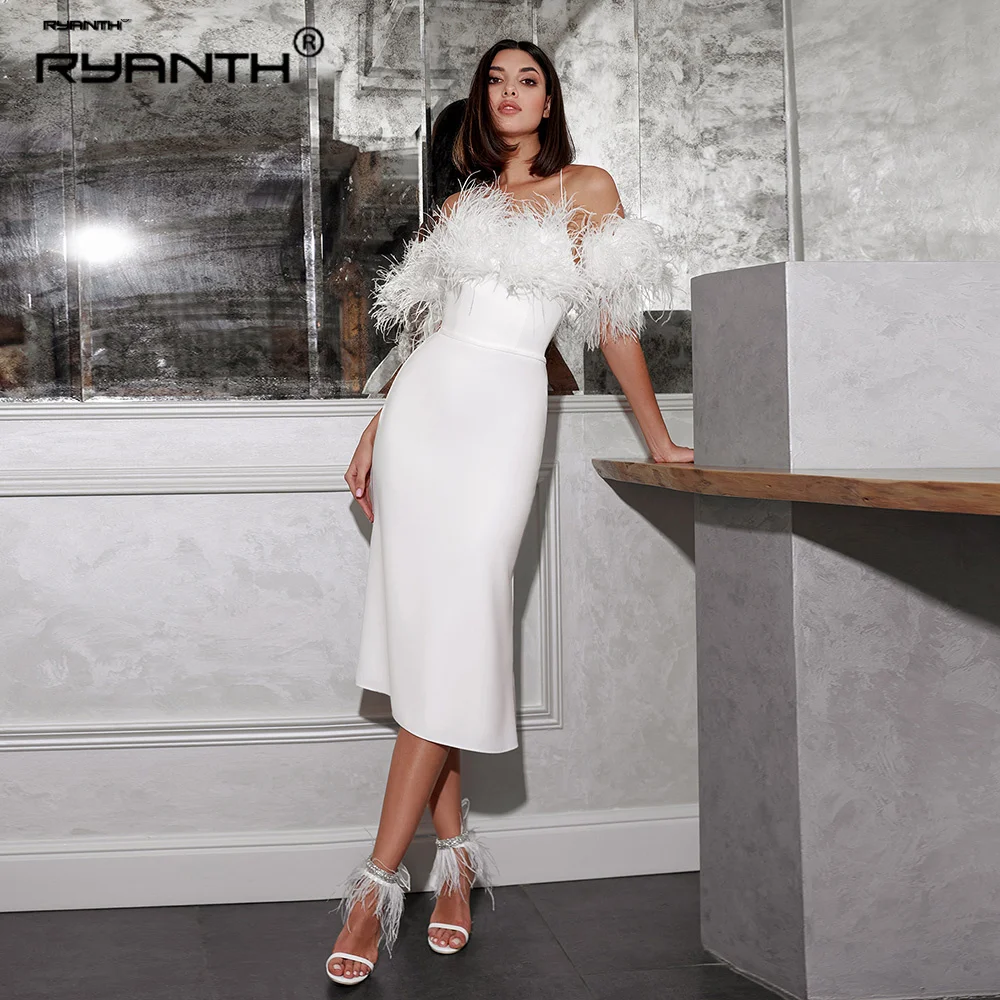 

Sexy White/Ivory Women's Civil Wedding Dress Halter Mermaid Short Jersey Bridal Dress Detachable Feather Sleeves 2023