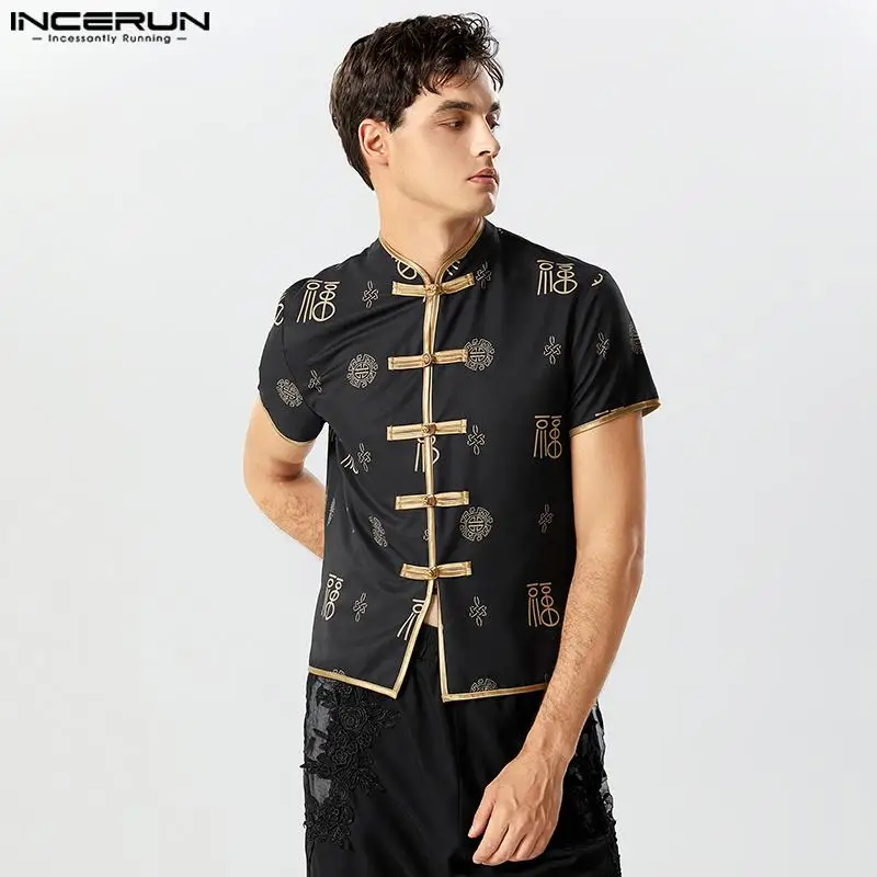 

Chinese Style Handsome Men's Printed Button Design Shirt Casual Male Standing Collar Short Sleeve Blouse S-5XL INCERUN Tops 2023