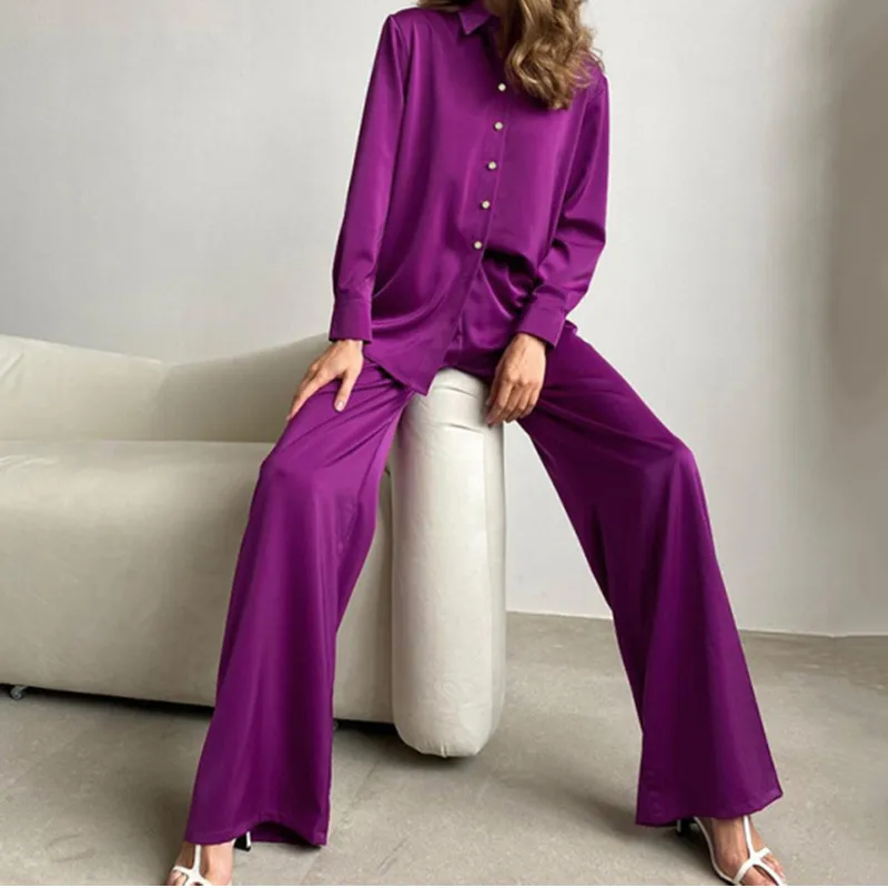 

Women's Basic Solid Color Casual Daily Wear Two Piece Set Blouse Pants Sets Matching Sets Pant Wide Leg Pants Tops