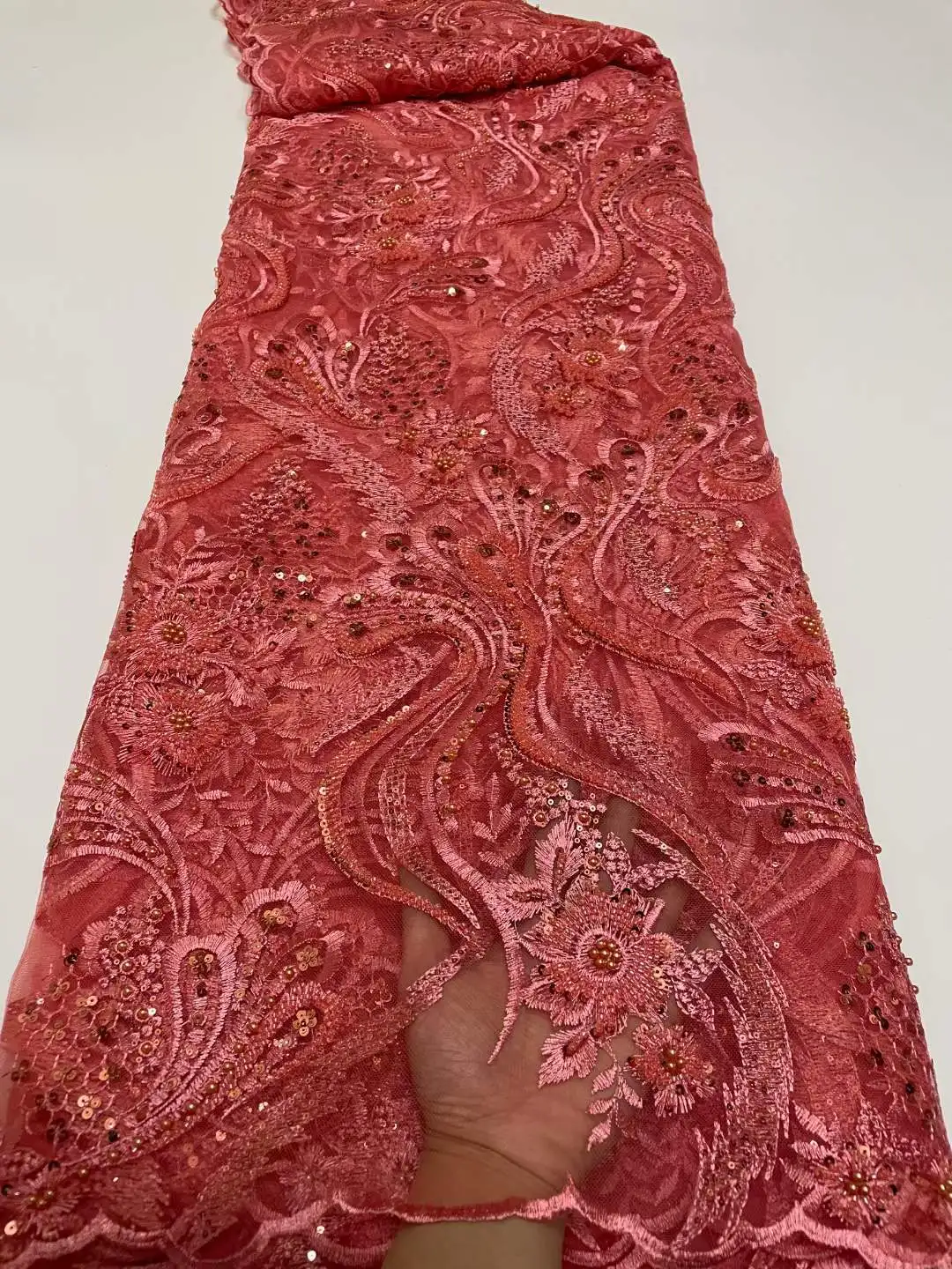 

2022 Handmade Sequin High Quality Milk Silk Tulle 5 Yards Lace Nigerian Beaded Mesh Embroidered Fabric For Wedding Party Dress