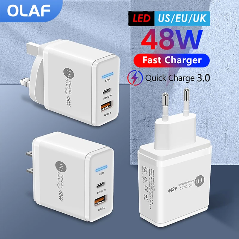 

Olaf 48W USB Charger Quick Charge QC 3.0 Type C PD Fast Phone Wall Charger Adapter For iPhone 13 OPPO iPad Huawei Xiaomi Samsung