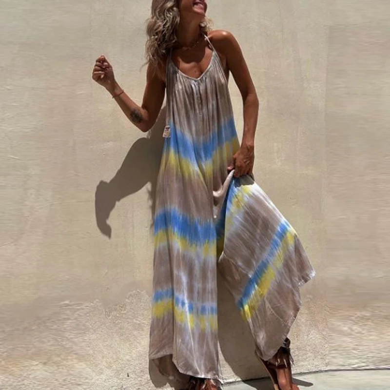 

Fashion Women Pleated Wide Leg Jumpsuit Lady Sexy Halter Gradient Printing Playsuits New Summer Loose Sleeveless Holiday Rompers