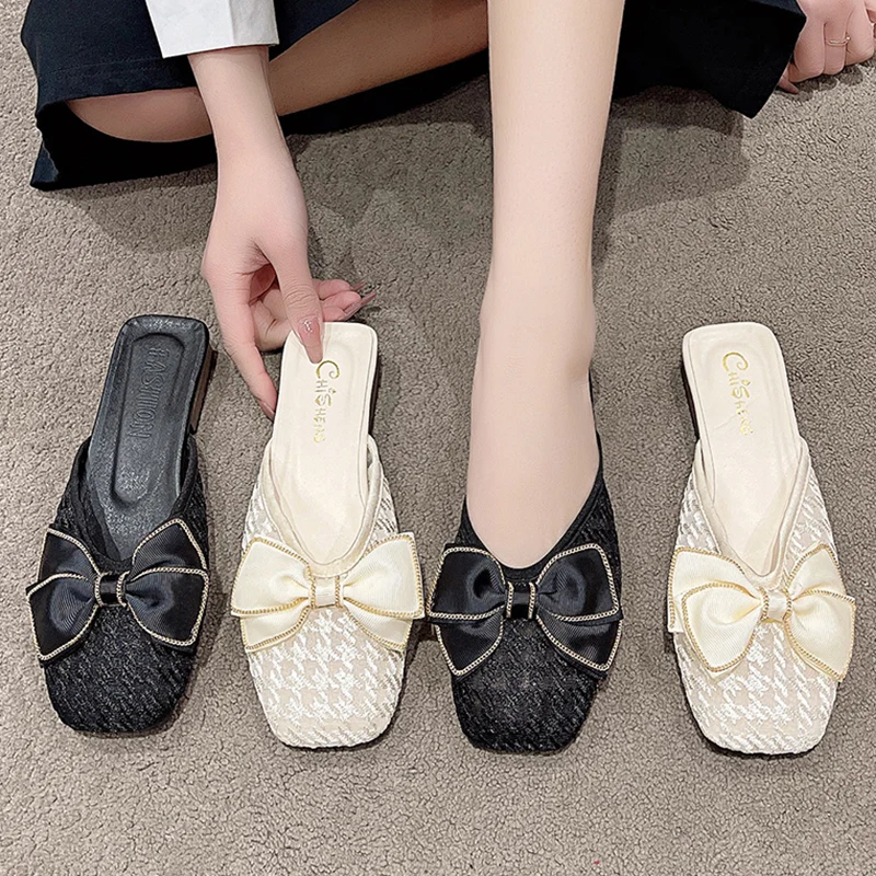 

Flat Shoes Female Slippers Casual Cover Toe Butterfly-Knot Slipers Women Low Slides Luxury 2023 Summer Fretwork Basic Butterfly-