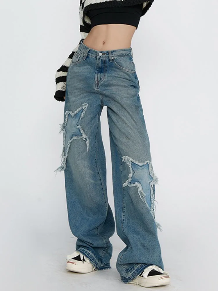HOUZHOU Vintage Blue Star Jeans Women Baggy Grunge Y2k Denim Pants Gyaru Korean Streetwear Harajuku Wide Leg Distressed Jeans