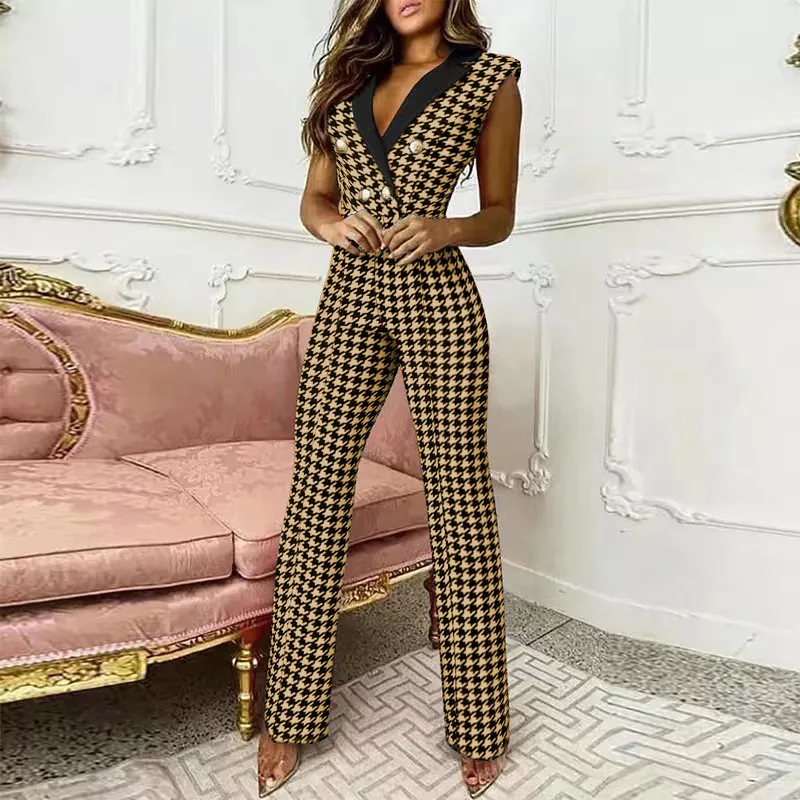 

2023 Spring And Summer Women's Color-blocking Twist Button V-Neck Sleeveless Thousand Bird Checker Bodysuit Mono Elegante Mujer