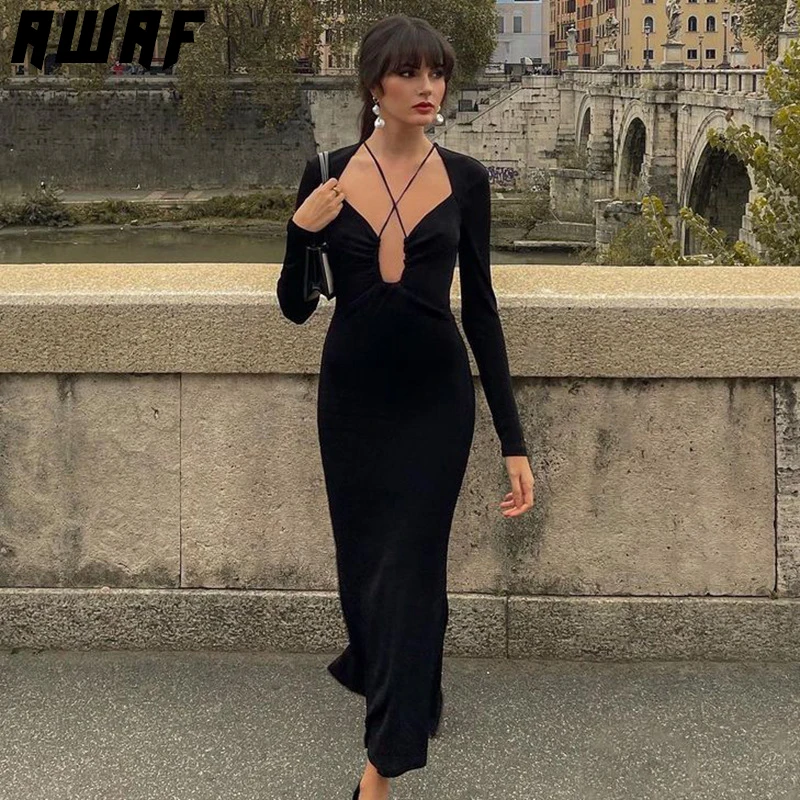 

AWAF Sexy Halter Neck Long Sleeves Long Dresses for Women Black Fashion Backless Deep V Neck Club Party Dresses Clothes Vestido