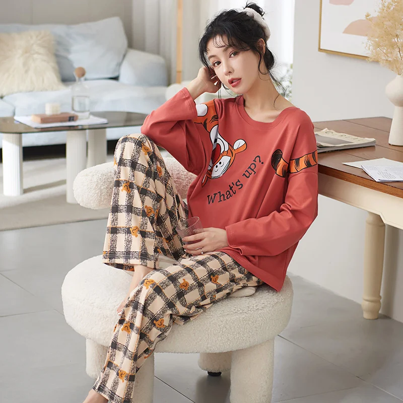 Fashion Homewear Cartoon Pajamas Set Women Sweet Stripe Print Full-Sleeve O-Neck New Pyjamas Clothes Big Size