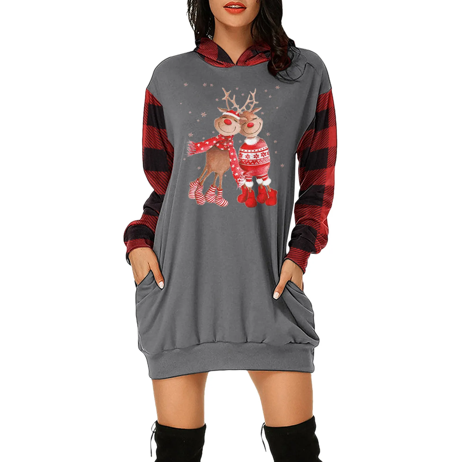 

Women Christmas Hooded Sweatershirts Long Sleeve Lightweight Oversized Print Midi Pullover Long Sleeve Swing Dresses for Women