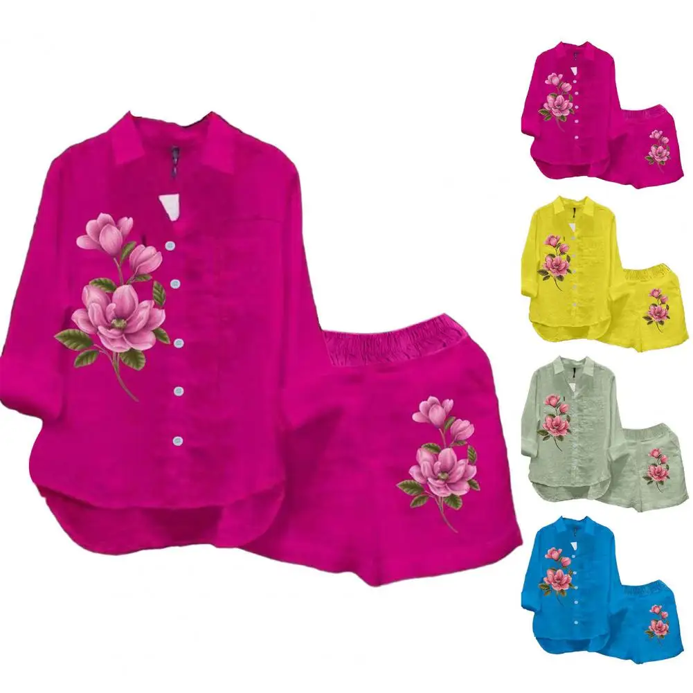 

Women Summer Floral Printing Casual Outfit Lapel Long Sleeve Shirt Tops Wide Leg Shorts Set conjuntos para mujeres 2 piezas