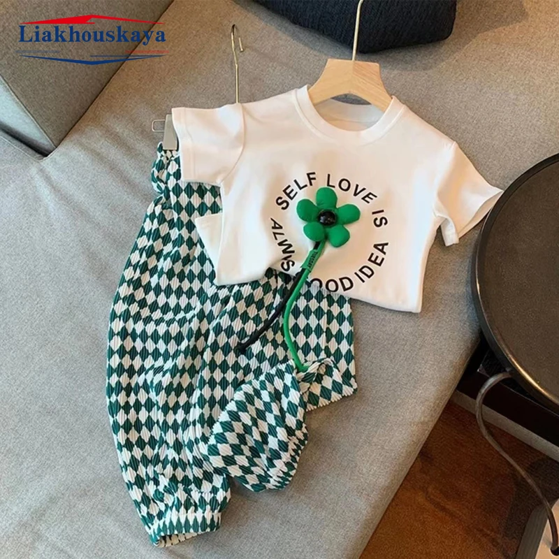 

Комплект одежды для девочек из 2 предметов, футболка с коротким рукавом и длинные свободные штаны, повседневная одежда, спортивные костюмы, 2023