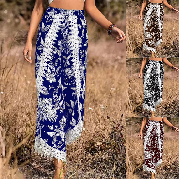 2023 Women's Summer Casual Wide Leg Pants Ruffles Vintage Lace Design Irregular Loose Wide Leg Skirts Pant Female Flare Pants
