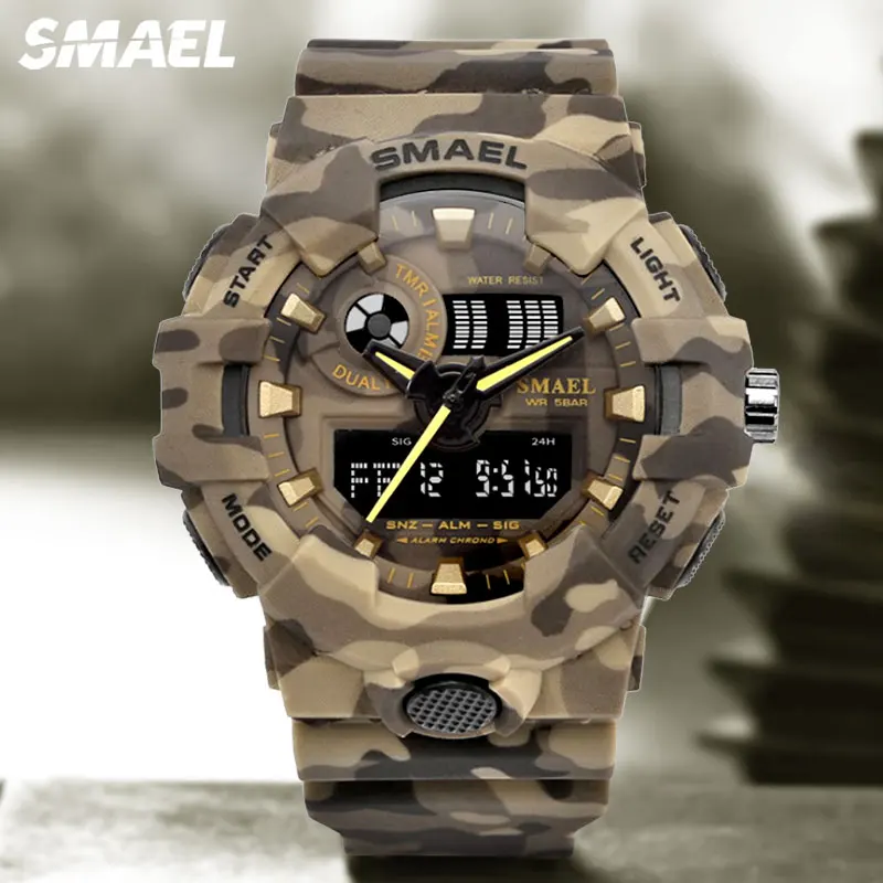 

SMAEL Military Sport Quartz Watch for Men Camouflage Waterproof Digital Watches Auto Date LED Dual Time Dislay Wristwatch 8001