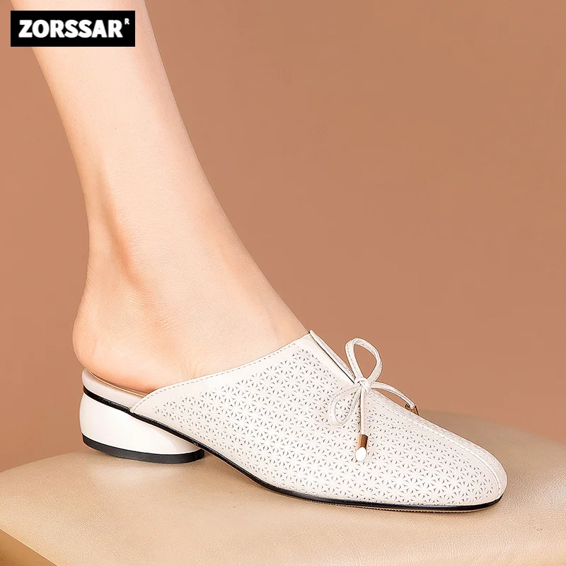 

Women's Half slipper Breathable Hollow out Flats Genuine Leather Women mules slippers summer Sandals outside Slides Casual