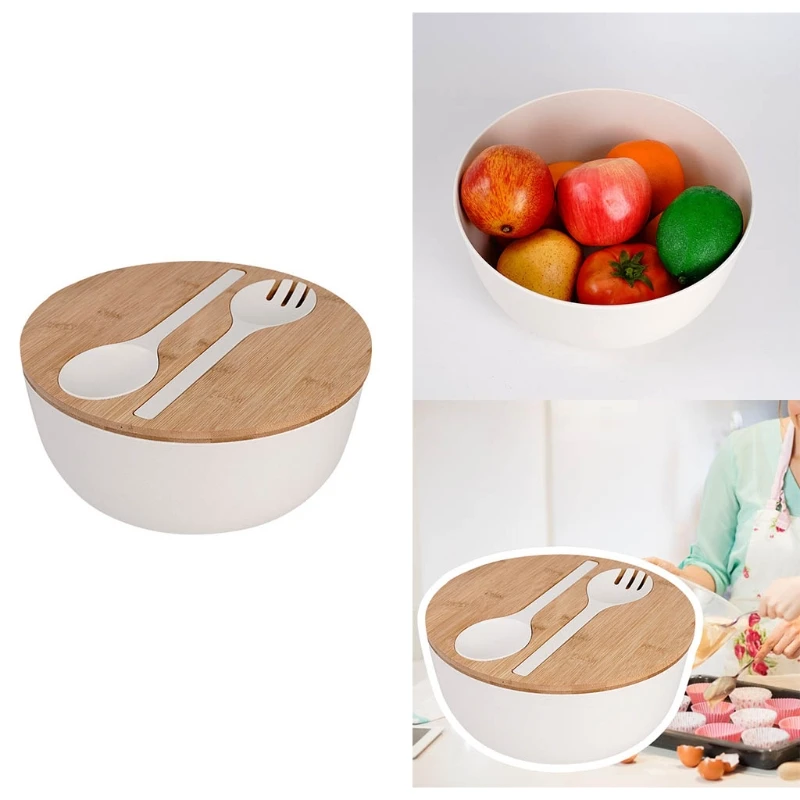 

Creative Bamboo Fiber Salad Bowl with Lid Spoon Fork Servers Set Large Deep Soup Food Mixing Container Fruits Vegetables T21C
