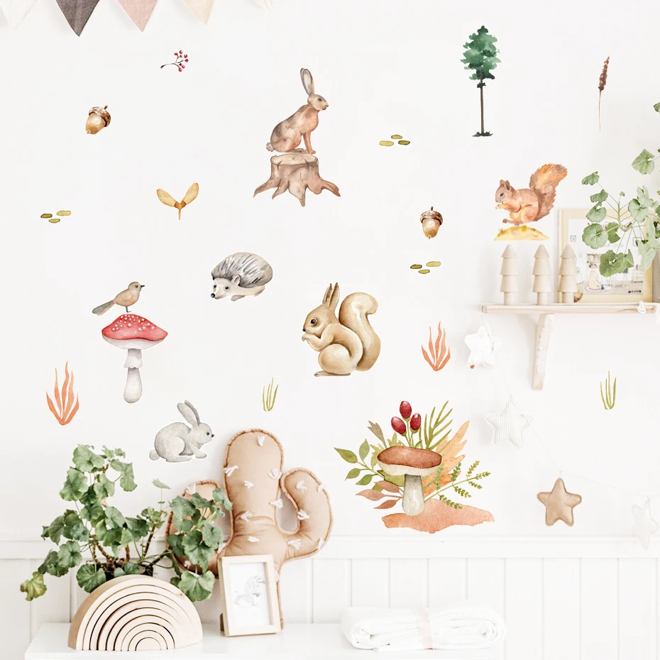 Pegatinas de pared de vinilo para niños, calcomanía de dibujos animados de conejo, animales del bosque, seta, Bellota, decoración Interior del hogar