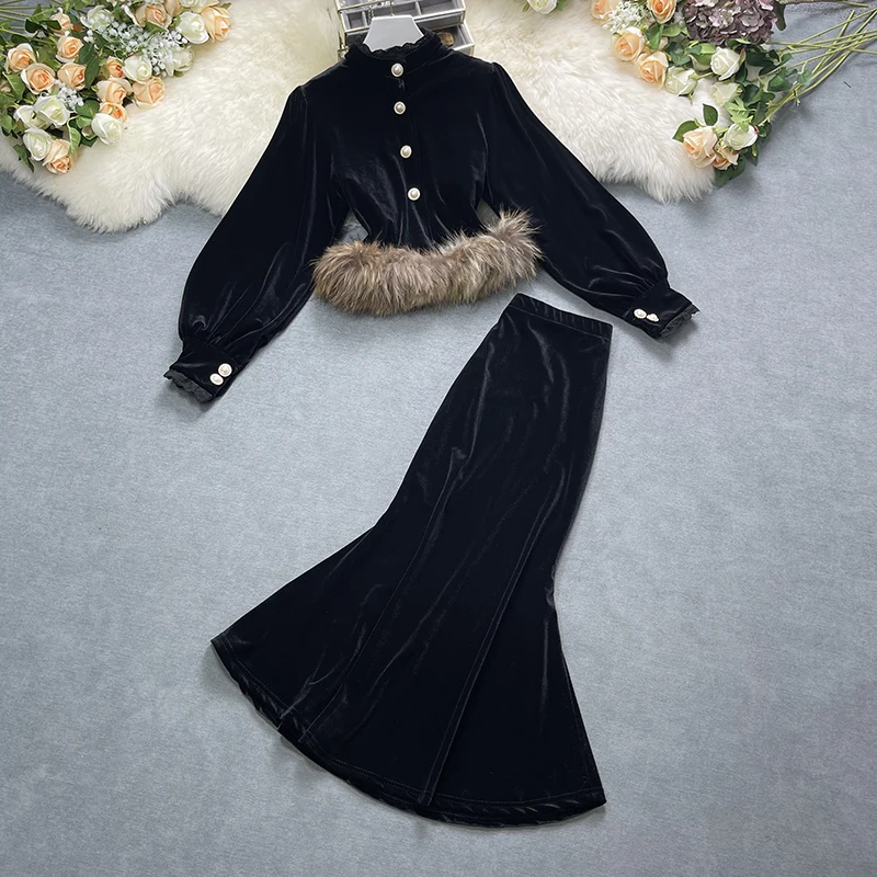 

Women's Velvet Suit Autumn Winter New Round Neck Single Breasted Wool Collar Top+High Waist Elastic Medium Length Fishtail Skirt
