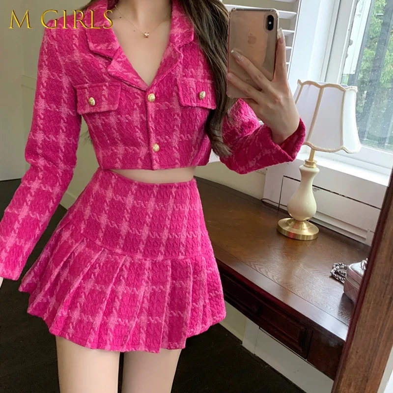 Women's Outfits Crop Top Woolen Short Jacket Coat + Mini Skirts Sets 2021 Fall New Small Fragrance Sweet Tweed 2 Piece Suits