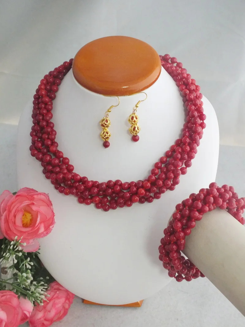 

Amazing women's jewelry Red Coral Beads Jewelry Sets Wedding African Nigerian Artificial Necklace Sets 20"