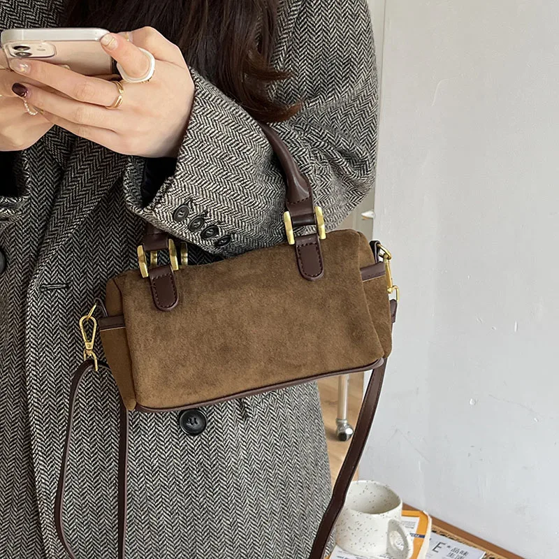 

Small Cylindrical Bags New Vintage Suede Pillow One Shoulder Cross Shoulder Mini Handbag Autumn Winter Hand Bags for Women 2023