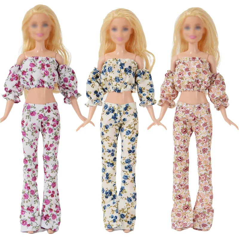 

3pcs Pack Fashion Sexy Outsuit for Barbie Dolls 30cm Flower Printed Top and Pants Girl's Toy Doll Clothes Dollhouse Accessories