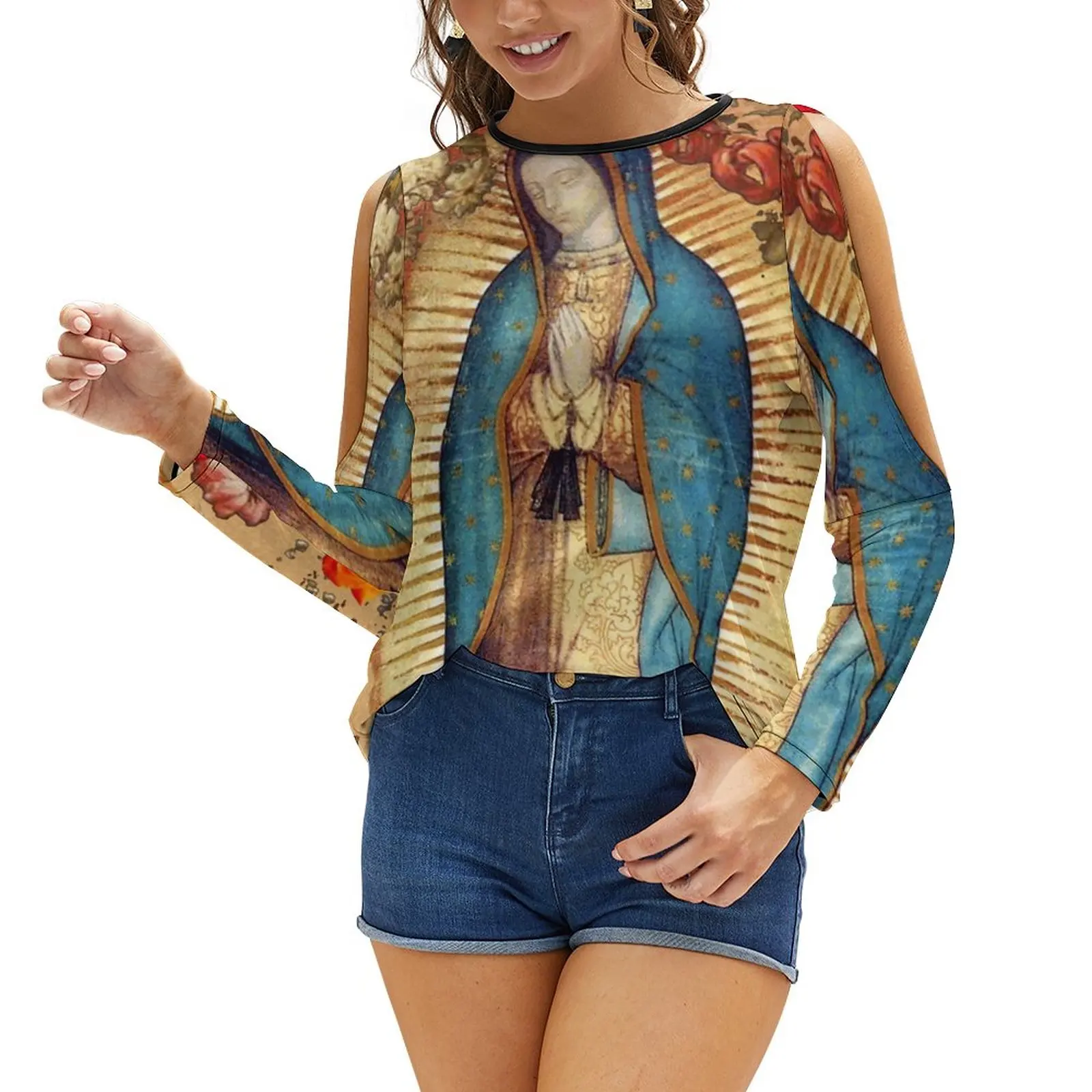 Женская футболка с круглым вырезом модный постер изображением Богородицы Девы