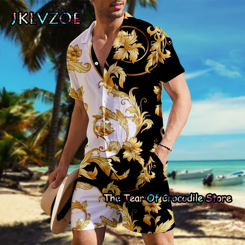 Luxurious Men Shirt Set Fashion Brand Short Sleeve Casual Print Design Turn-down Buttoned Top Quality Summer Tee 2 Piece Clothes