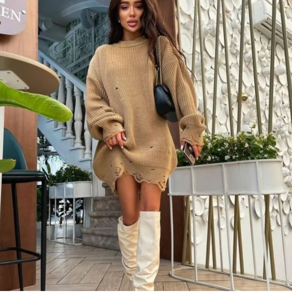 

2023 Women Autumn Knitted Green O-Neck Pullover Oversized Long Sleeve Sweater Tops Casual Party Sexy Club Sweater Dresses