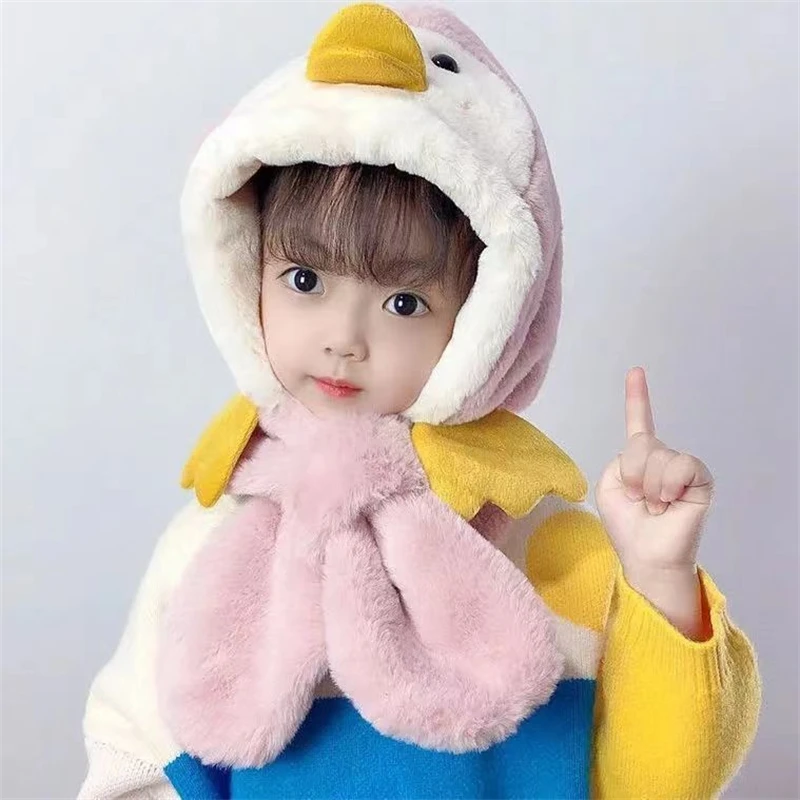 

Cartoon Baby Plush Color Matching Children's Hats Scarf 2-in-1 Set Cute Ear Protection Caps Boys Girls Winter Warm Pullover Caps